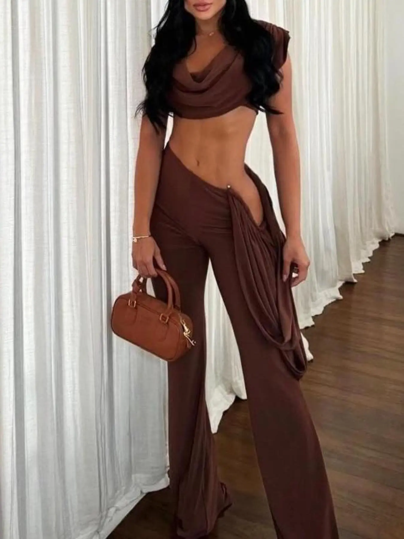 Women's Solid Color Crop Top & Pants Set, Ruched Set, Lady Suits, Casual Fashion Chic Cozy Two-piece Outfits for Daily Outdoor Wear, Women Clothes for Summer, Fashion Style Sets, Womenswear, Fabric
