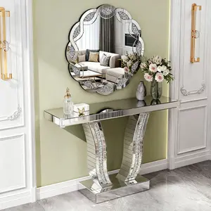 43 Inch Mirrored Console Table, Modern Silver Entryway Sofa Table with Curved Stone-Inlaid Legs, Silver Glam Entryway Table for Living Room, Modern Luxury Accent Table, Hallway Foyer Table summervibes