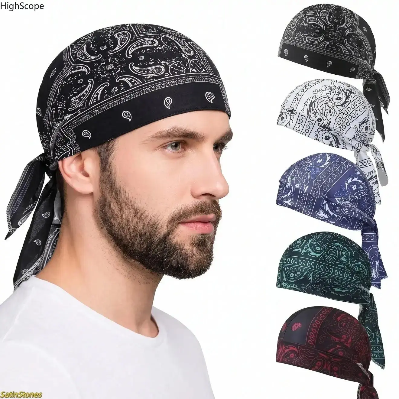 Unisex 5-Pack Paisley Print Scarf Bandana Set - Adjustable Turban Wrap, Moisture-Wicking Helmet Athleisure Sporty Headbands, Tie-Back Headwraps, Breathable Neck Scarf, Skull Cap Liners for Summer Sports, Helmet Sports Headbands