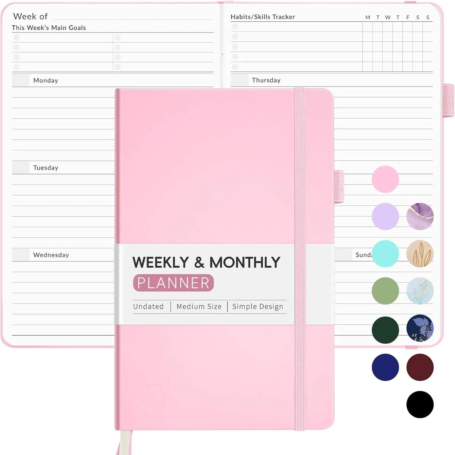 Undated Weekly Planner - 2024 A5 Size, 100gsm Thick Paper Notebook, Simplified Weekly & Monthly Calendar, Cute Daily Organizer Agenda with Contact Page & Extra Notes Pages, Start Anytime to Track Goals & Tasks, Holiday Lists