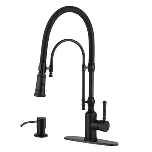 WOWOW Single Handle Pull Down Sprayer Kitchen Faucet - Solid Brass High Arc Faucet, 2-Mode, Pre-Plumbed, Industrial Style, with Soap Dispenser, Matte Black Finish