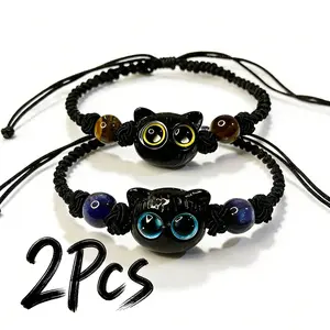 2Pcs Matching Black Cat Hand-Woven Bracelets - The Perfect Meaningful Anniversary Gift for Him and Her with Unique Beads and Adjustable Knot Couples