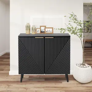 EROMMY Fluted Black Storage Cabinet with Doors, Wood Sideboard Buffet Cabinet with Adjustable Shelf, Modern Accent Table for Living Room, Entryway