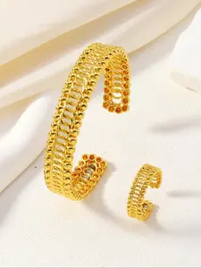 Women's Elegant Minimalist Cuff Bangle Bracelet & Ring, Trendy All-match & Exquisite Jewelry for Birthday Gift