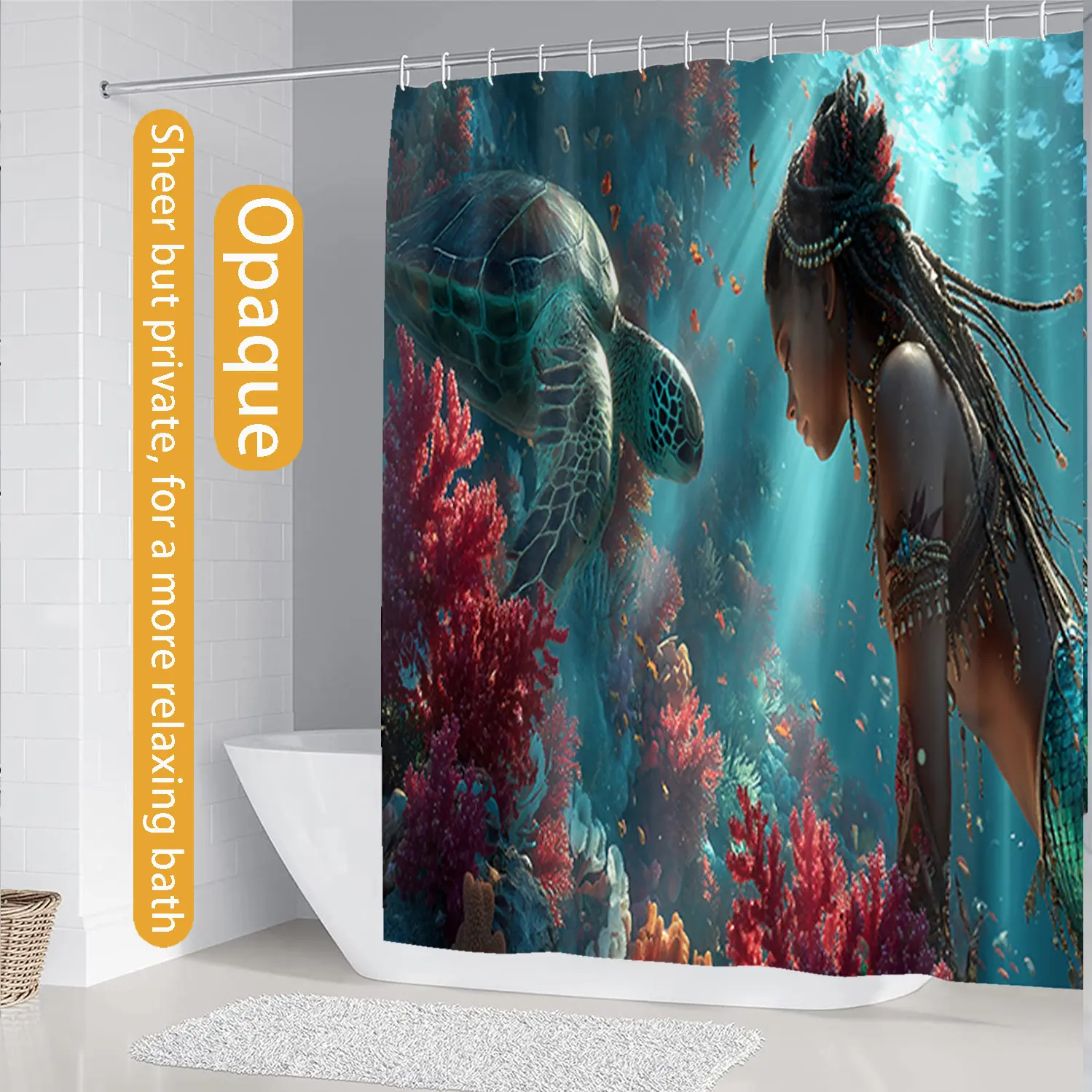 1/4 piece 2D flat printed mermaid design shower curtain set, waterproof polyester fiber, including toilet cover and anti slip carpet, U-shaped pad, optional single shower curtain, essential for home decoration