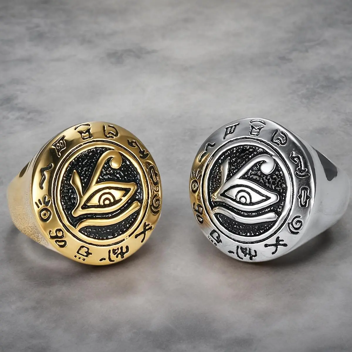 Men's Stainless Steel Retro Horus Eye Egyptian Text Ring - Fashionable, Domineering Engagement Ring, Ideal Holiday Gift for Couples, Hip-hop Party Accessory, Rings