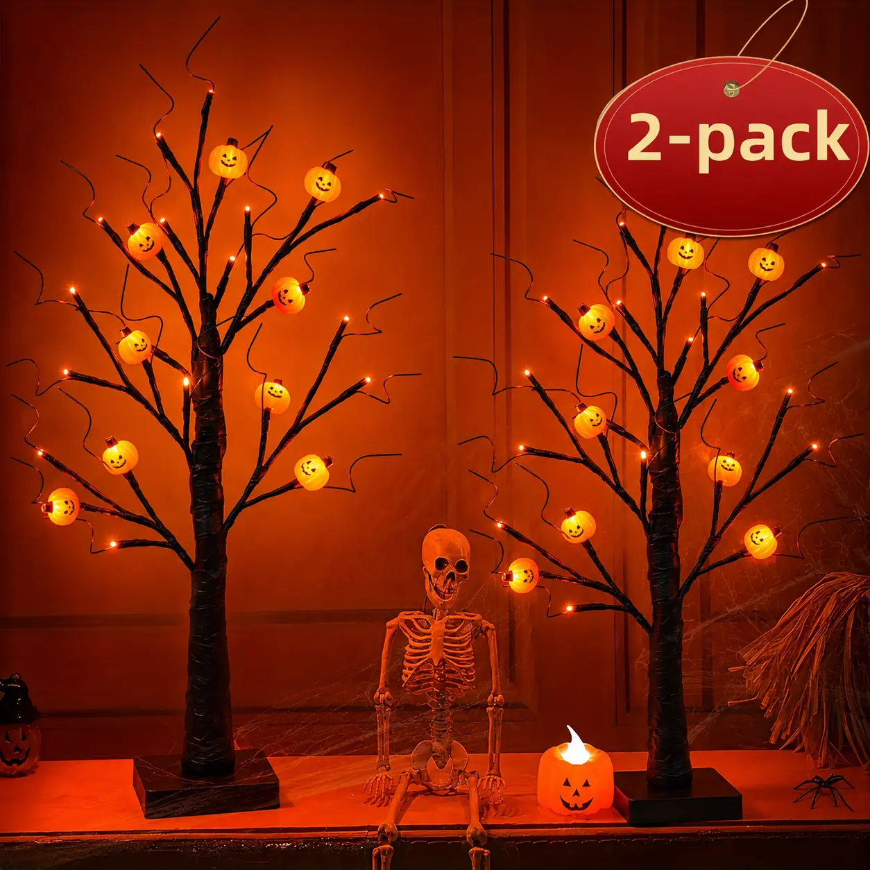2-Piece Set, 24-Inch Halloween Black Horror Tree Lights with Orange and Purple Lights, Battery + USB Powered, Halloween Decorations, Suitable for Indoor Home Use, Holiday Party Decorations Spooky