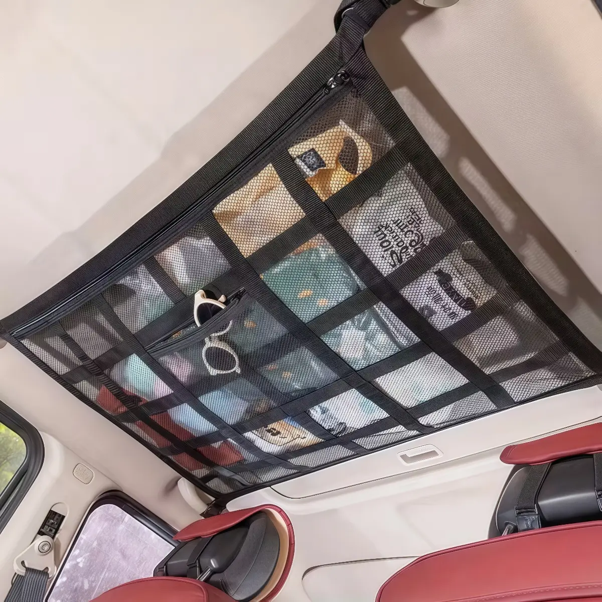 Universal Car Ceiling Storage Net with 4 Straps, Heavy-Duty Car Ceiling Cargo Net with 9 Reinforced Straps for Safe Travel,Secure Overhead Storage,Double-Layer Mesh & Dual Zipper,Maximize Roof Storage for Camping & Van Life