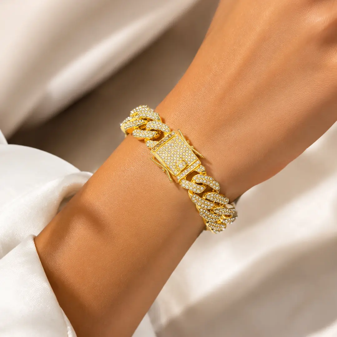 Iced Out Cuban Link Chain Bracelet - Luxury CZ Bling Gold Accessory, Gift for Her, Ideal for Birthday & Everyday Style, Includes Jewelry for Women (Bracelets & Bangles Category), Gold Jewelry