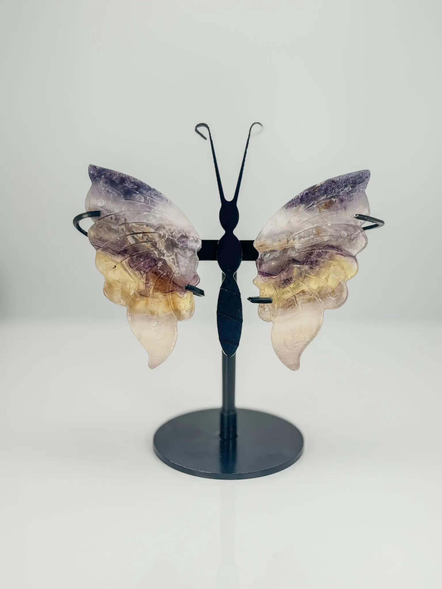 Hand-Carved Fluorite Butterfly Wings on Stand - Unique Crystal Decor for Home
