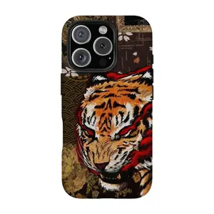 Vintage Chinese Tigers Phone Case, Cute Tiger Collage, Japanese Traditional Art Print Y1089 |   Phone Case Compatible with iPhone 17 16 15 14 13 12 11 pro pro max & Samsung S26 S25 S24 S23 S22 S21 Durable Protection Dual Layer Design Glossy