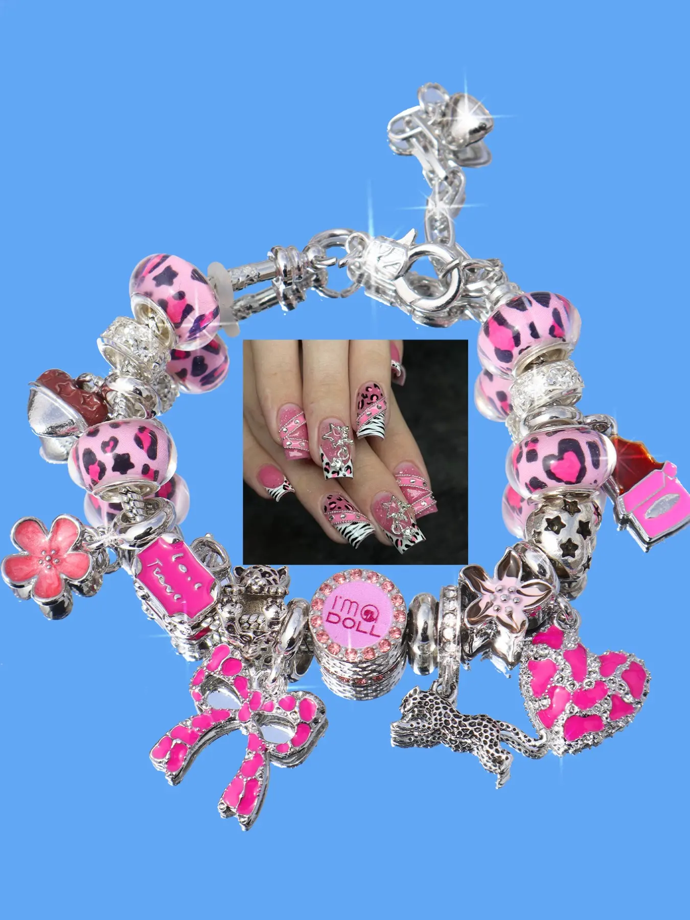 Leopard Print Bow Heart Charm Bracelet, Fashionable Leopard Pattern Bracelet, Cherry Blossom Heart Bracelet, Fun Chocolate Heart Bracelet, Heart Shaped Bracelet, Fashionable Bangles, Bow Bracelets, Bracelet With Pendant, Heart Design Bracelet