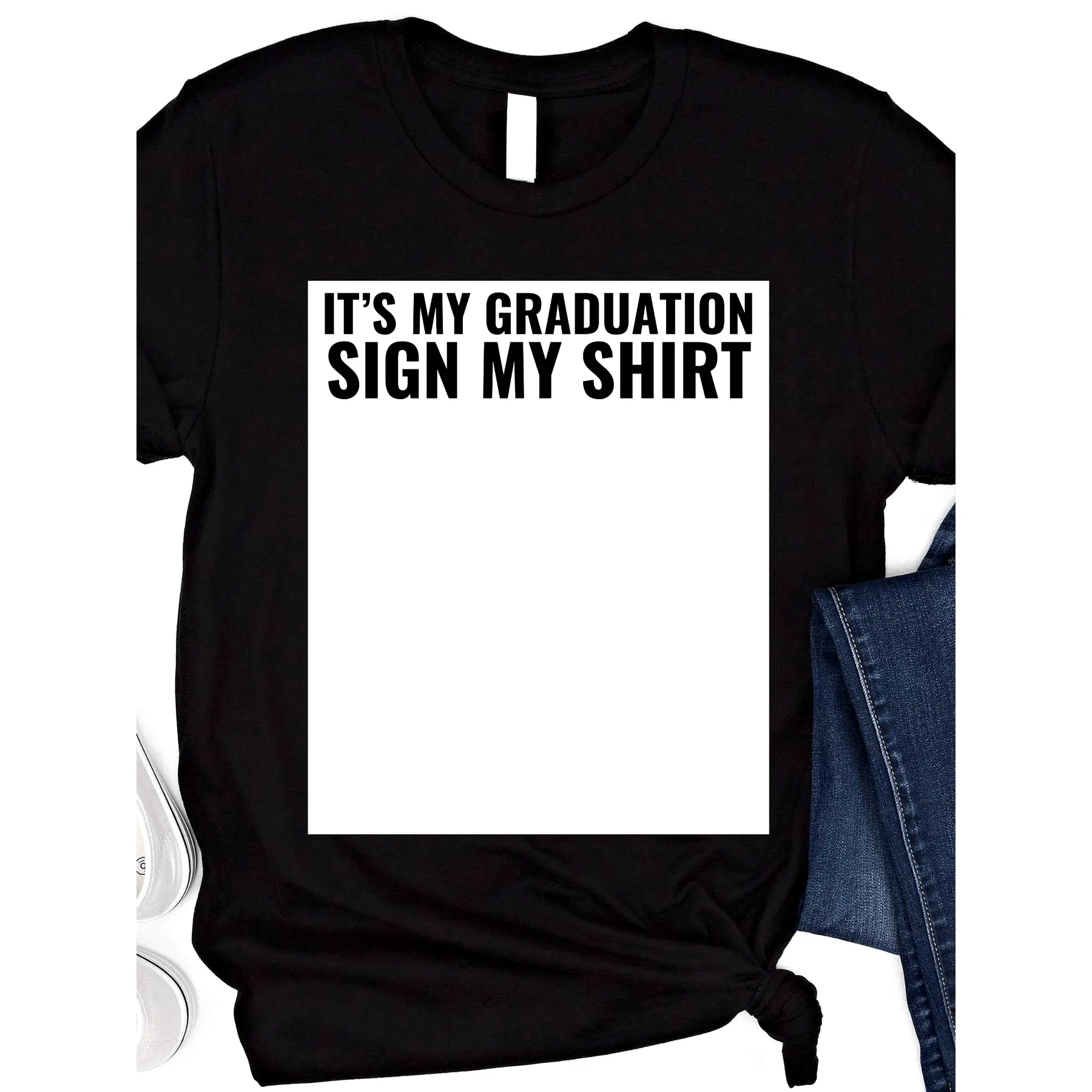 Women's Short-Sleeve Crew Neck Cotton T-Shirt - Funny "Sign My Shirt" Digital Print Top, Foldable Funny Graduation Gift & Ice Breaker