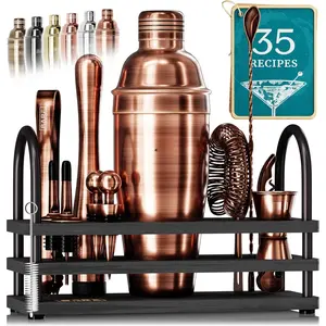 (R) Mixology Bartender Kit Bar Set | 14-  Shaker Set | Martini Barware Mixing Tools for  Bartending | 35 Recipe Cards |  Set (24oz Cobbler Shaker, Copper/Black)