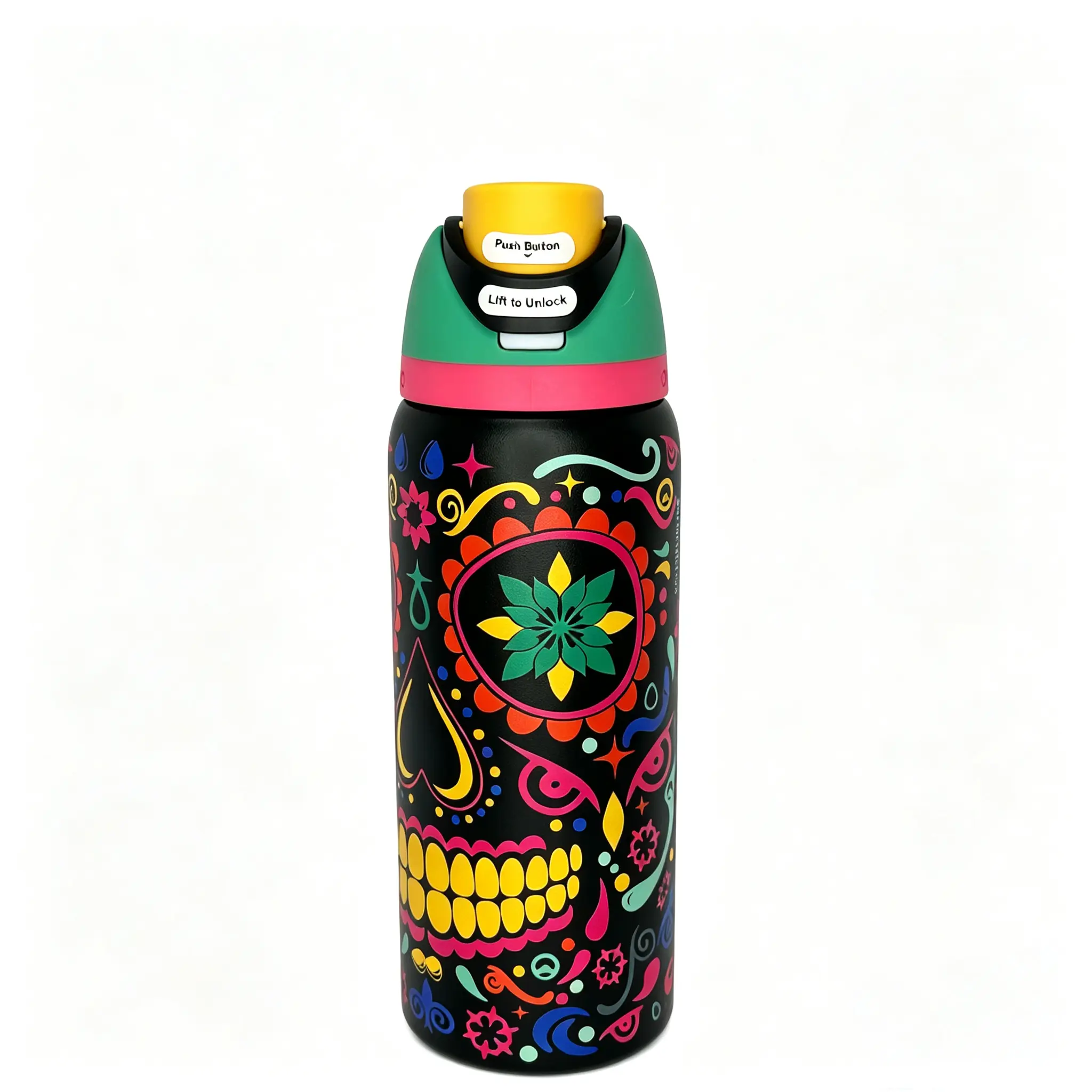 Owala 32oz Vibrant Sugar Skull Day of the Dead Vacuum Insulated Travel Tumbler, Stainless Steel Thermal Lock Lid Drinkware, Cold-Keeping Kitchenware for Skull Art Lovers