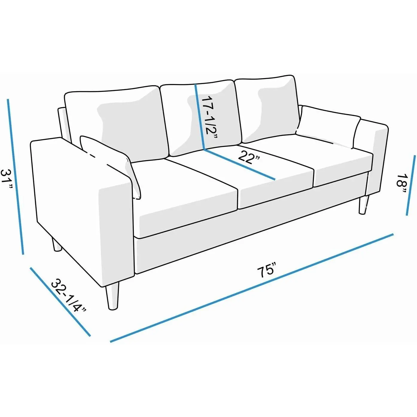 Panana 3 Seat Designer Sofa Couch Linen Fabric Wood Legs, Grey