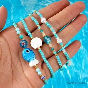 Whimsical Blue Glass Dainty Crystal Sports Wristband - Scallop Shell Pendant, Pearl-White Beaded Bracelet Set, Adjustable Bracelet, Exquisite Sports & Outdoor Accessory