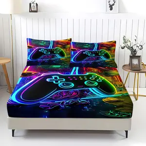 3pc Game Themed Digital Printed Fitted Sheet Set, Neon Color E-Sports Style  Bedding Set, Bedding Supplies. With Bright and Bold Colors.Made of Soft Microfiber Material, Includes 2 Pillowcases, Not Include Pillow Insert.