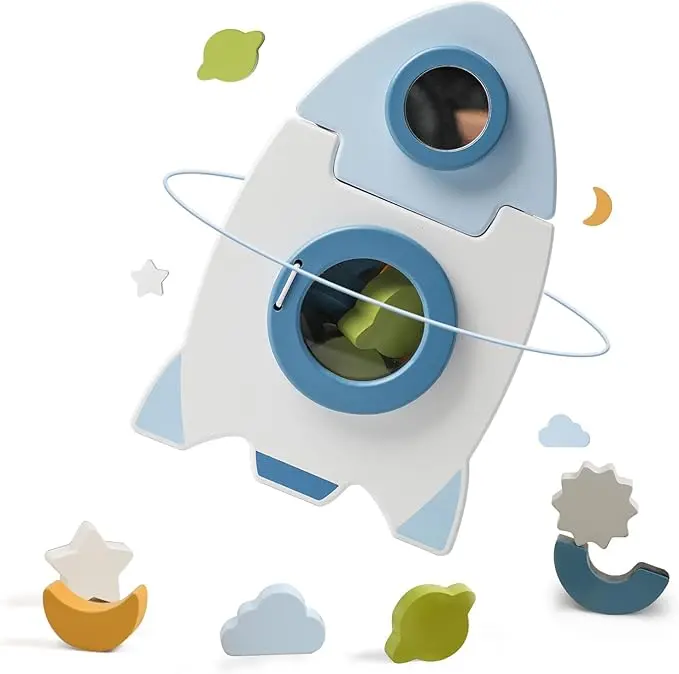 Wooden Baby Activity Cube, Space Rockets Activity Center, 5 in 1 Outdoor Educational Sensory Toy, Montessori Toys, Birthday Gifts Boy, Stand up Toys for Toddlers DealsForYouDays