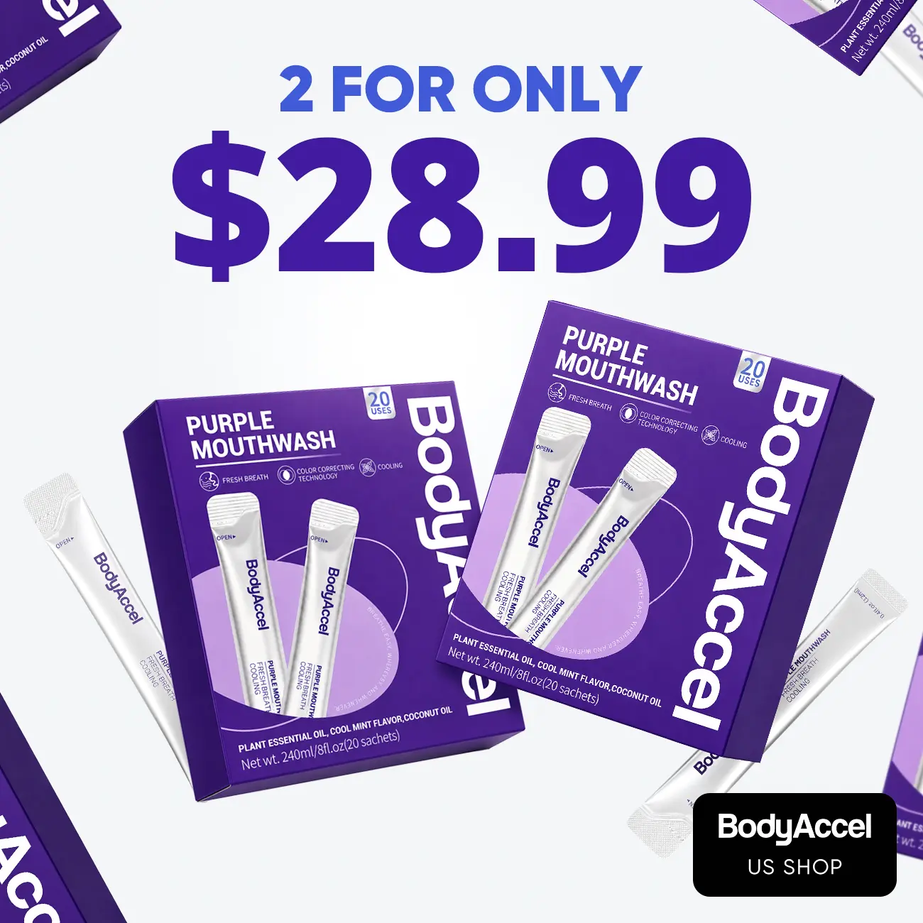 【BodyAccel】Purple Mouthwash For Teeth Whitening, Freshens Breath, Gum Health, Hydrating, Anti-Bad Breath & Plaque, Alcohol-Free, Mint Flavor Travel Portable Pack (20 Sachets)