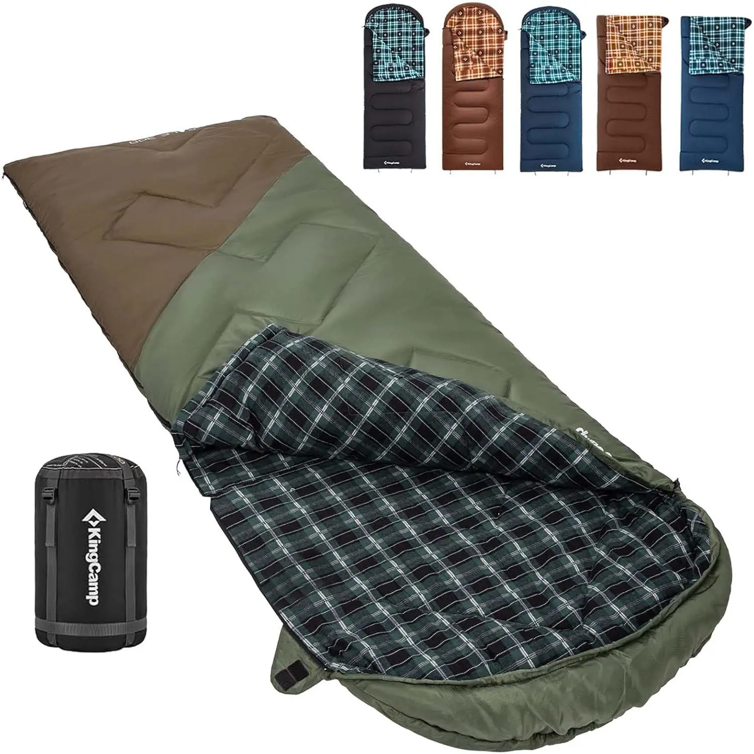 KingCamp Sleeping Bag for Adults, Cold Weather XL Big & Tall (74.8"x33.1" Fits 6.6ft), Cotton Flannel Lining & 300g/㎡ Hollow Fiber Fill (Comfort 44.6°F), Lightweight with Compression Sack, 2-Way Zipper for Couples, Convertible to Blanket for Outdoor Campi