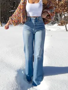 Women's Elastic Washed Casual Light Blue Wide-Leg Jeans, Loose-Fitting All-Season Denim Jeans for Daily Wear & Dates