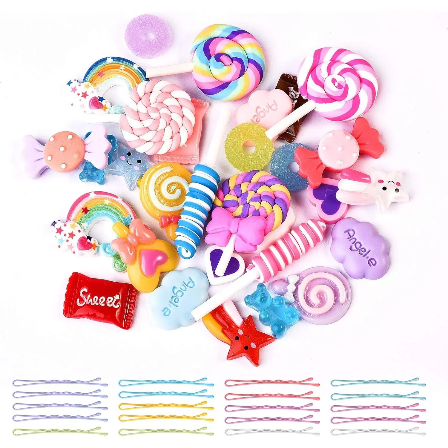 Mixed Slime Charms with  Bobby Pins,  Candy Sweets Lollipop Assorted Flatback  Embellishments Supplies for DIY Crafts Scrapbooking  Clip Decorations