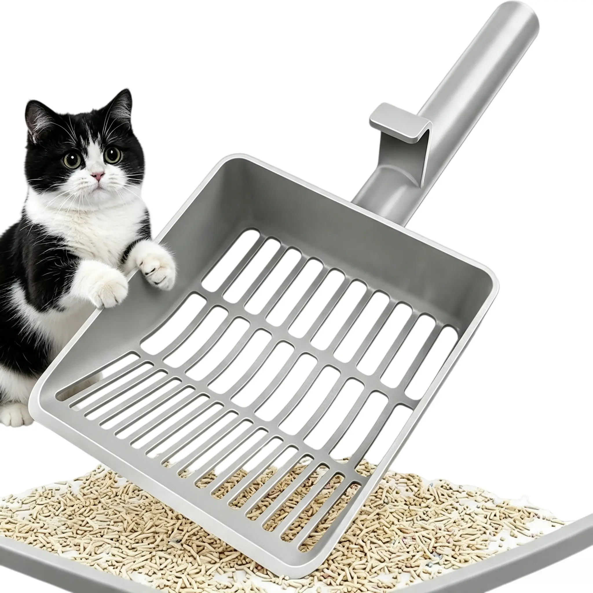Large Cat Litter Scoop, Heavy Duty Dual Sifting Scooper, Long Handle With Hanging Hook For Fast Fine Clumping Litter Box