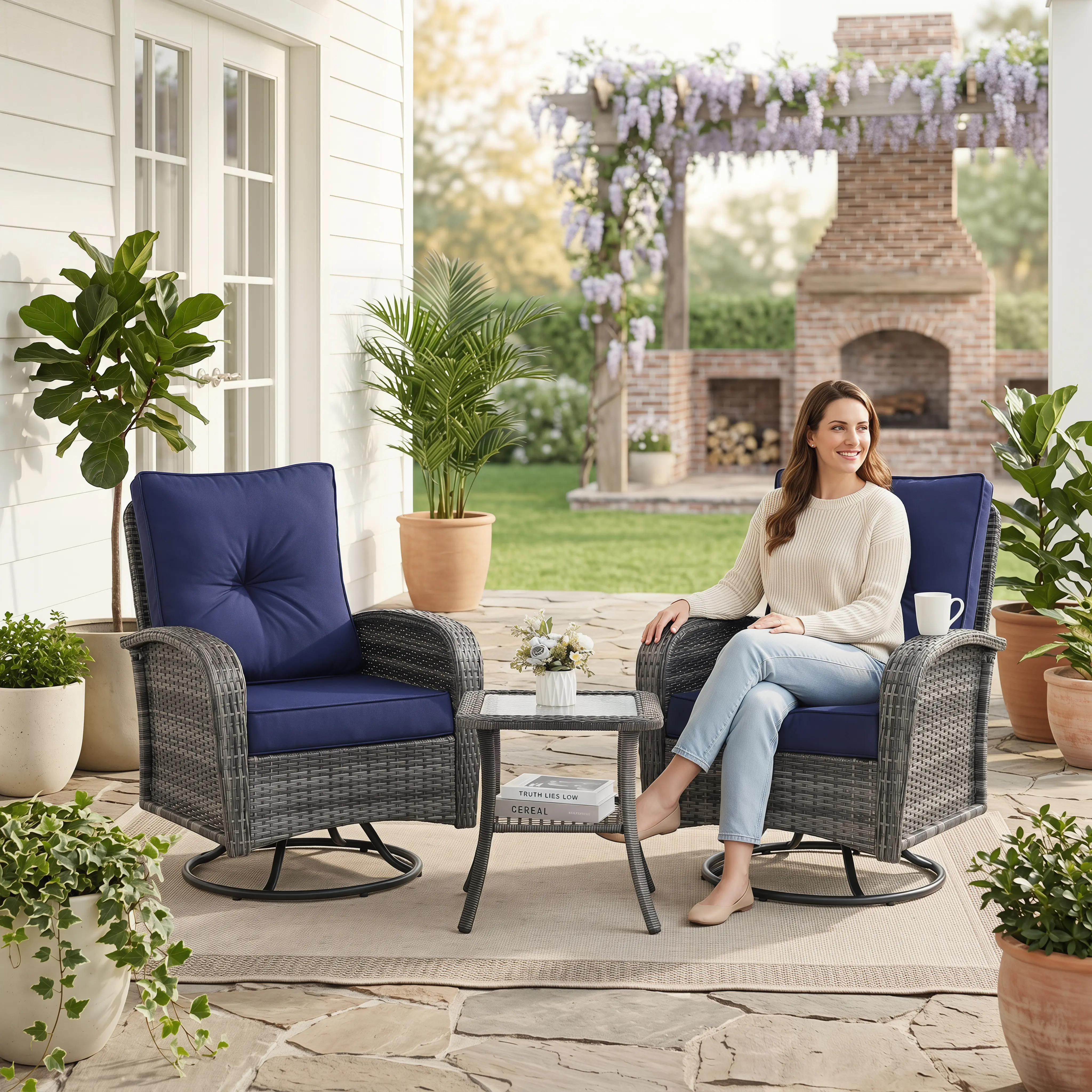 【Crazy Price】3-Piece 360 Swivel Glider Outdoor Patio furniture Set, Includes 2 Wicker Patio Glider Chairs with Matching Side Table summergarden,home decor,camping essentials