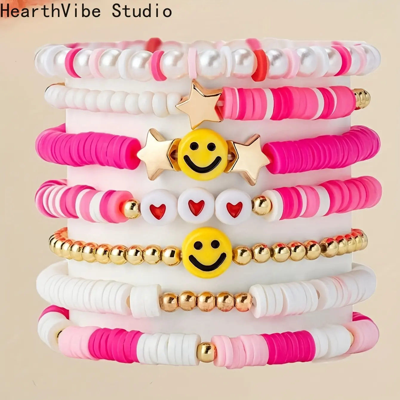 7pcs Bohemian Beaded Bracelet Set - Elastic Sports Wristbands, Soft Clay Stackable Stretch Bangles with Heart, Star, Joyful Face, Rice Beads, Cute Jewelry for Girls' Daily Wear, Stackable Bracelet, Gifts For Girly Girls, Cute Girly Gifts, Girl Accessories