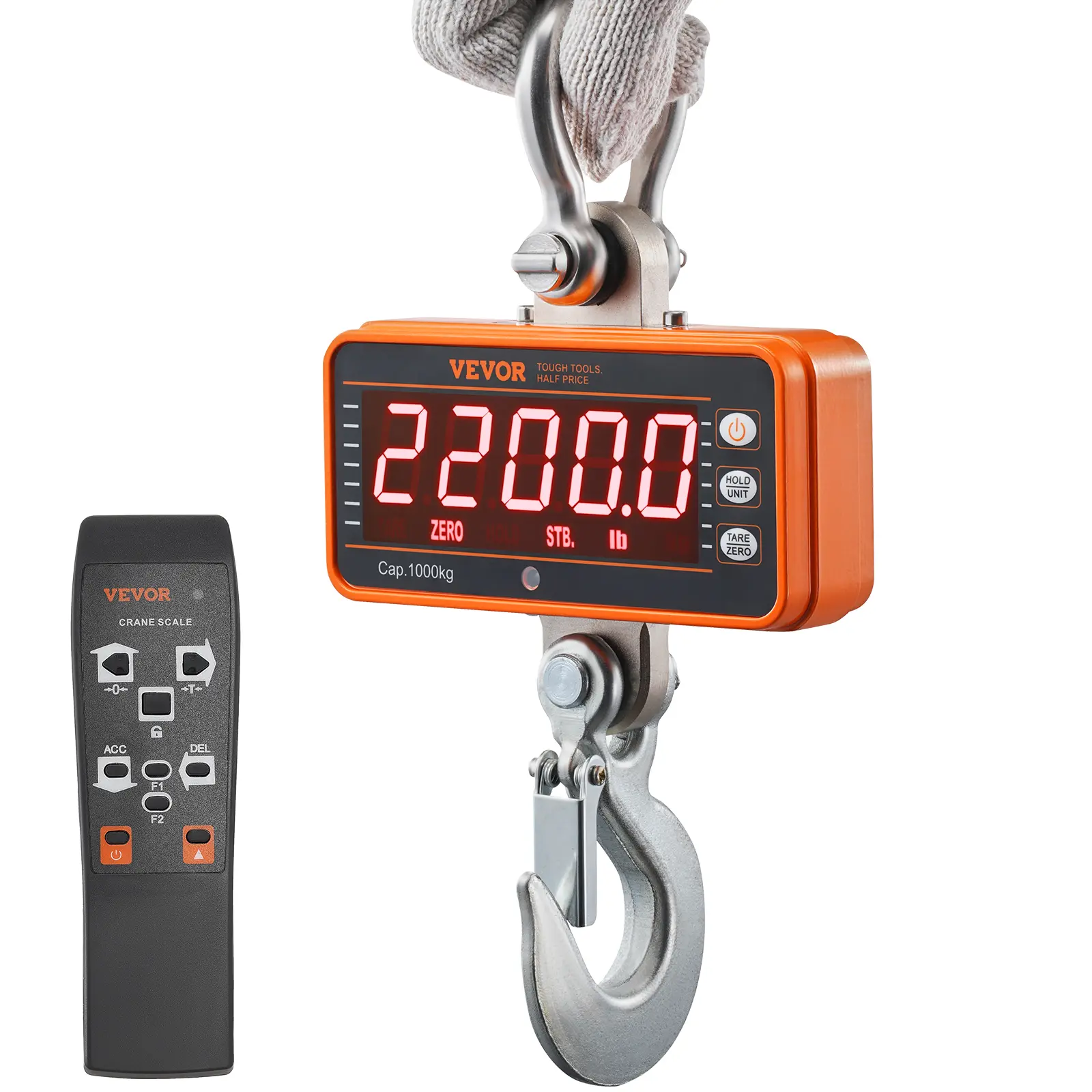 【Summerfinds】VEVOR Digital Crane Scale Tool, 20 lbs-2200 lbs/1000 kg Industrial Heavy-Duty Hanging Scale for Heavy Loads, Cast Aluminum Case, Bright LED Display, 5m Remote Control, Peak Hold, -10℃ to 40℃, Construction & Farm Use (Orange)