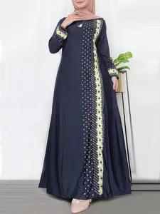Women's Floral & Dot Print Long Sleeve Maxi Dress, Modest Round Neck Arabian Dress for Daily Wear, hijabi cute dresses, Ladies Islamic Clothing for All Seasons, Modest Style Dress, Muslim Dress