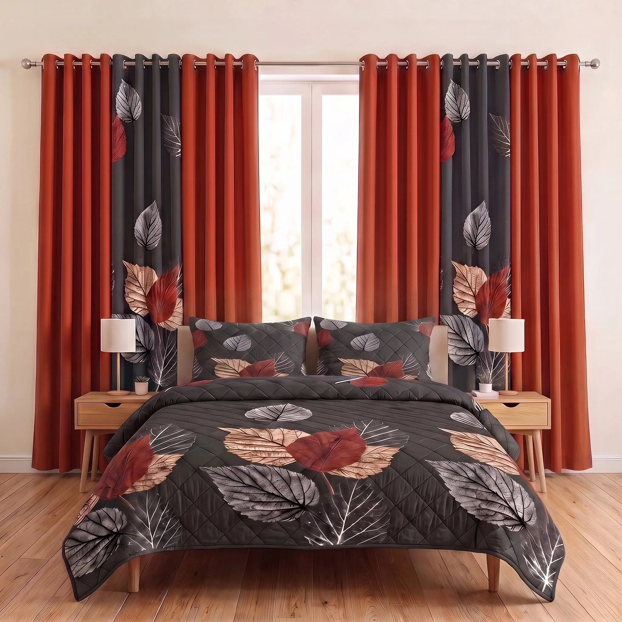 Brown Black Leaf 9-Piece Bedspread Set with 6 Curtains, 2-in-1 Dual Use Quilted Bed Cover & Semi-Sheer Light Filtering Window Drapes, Premium Bamboo Microfiber Cloud Soft Decor Bedding, Moisture Wicking Washable, Queen/King/Cal King | NOT Thick Comforter