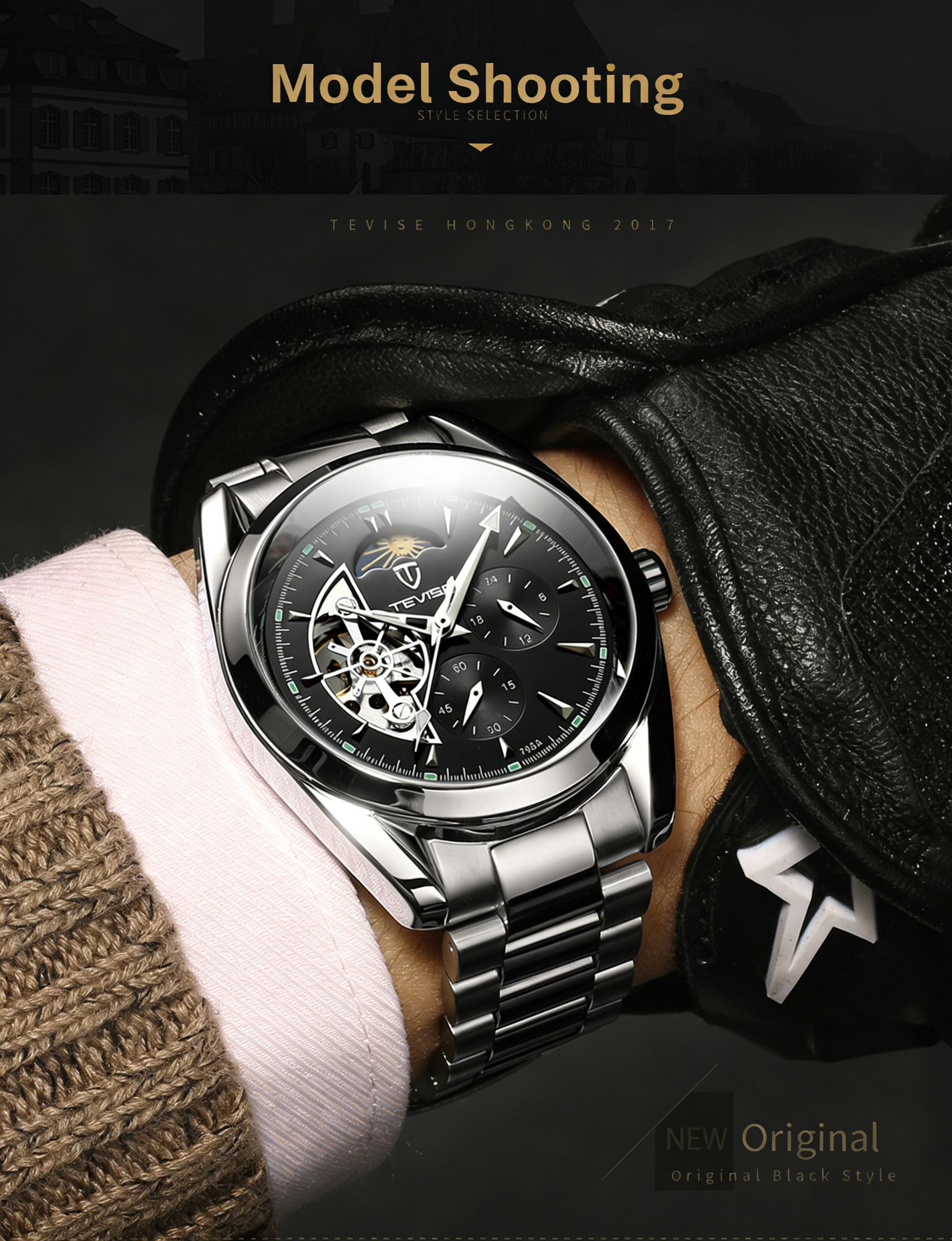 Luxury Men's Skeleton Watch, Moon Phase, Automatic Movement, Business Stainless Steel Wristwatch