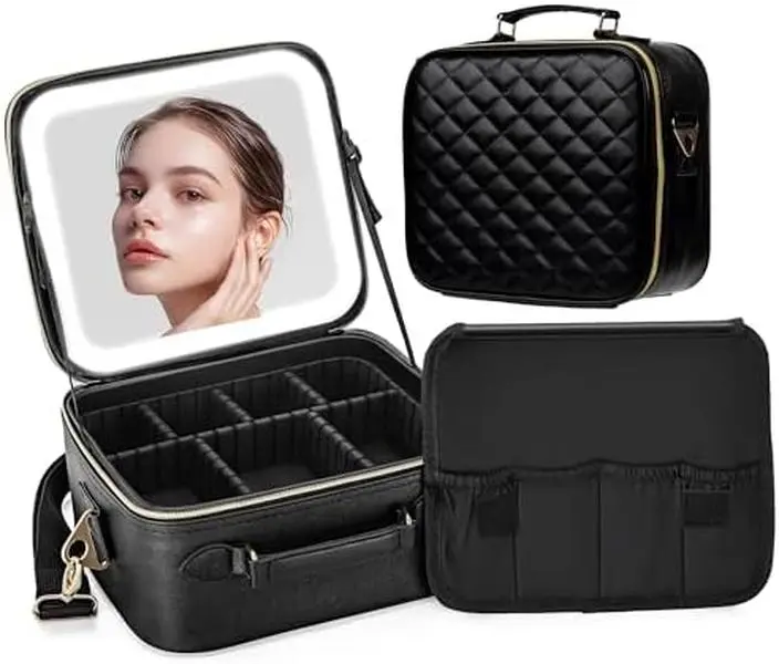 Travel Makeup Bag with LED Mirror, Portable Cosmetic Case Organizer with Lighted Mirror, Waterproof Makeup Case for Cosmetic Brush Holder Storage, Black Toiletry Bag for Women Gift