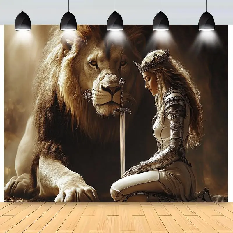 1pc Machine Washable Stain Resistant Modern Polyester Tapestry with Lion & Armored Woman Design - Indoor Living Room Textile Wall Art, Wedding Backdrop Banner, No-Power Decor