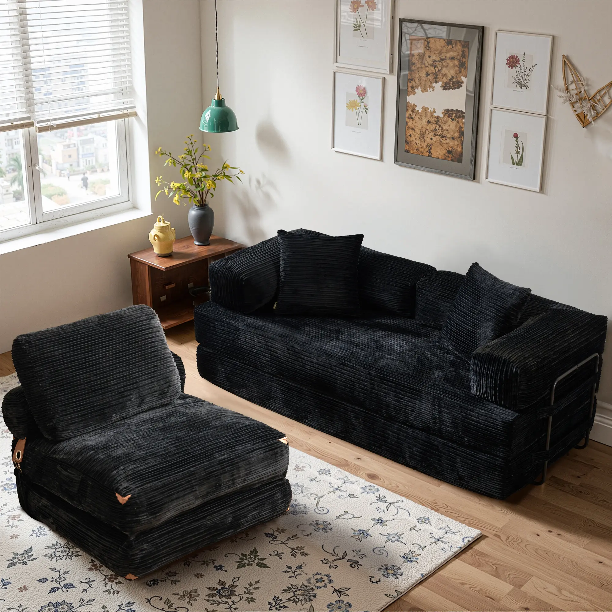 ALLWEX Boneless Sofa Bed, 3-in-1 Convertible Folding Sleeper Chair( 35") & 4-in-1 Modular Cloud Corduroy Loveseat( 80"), No Assembly Floor Mattress Couch with Pillow for Living Room & Bedroom