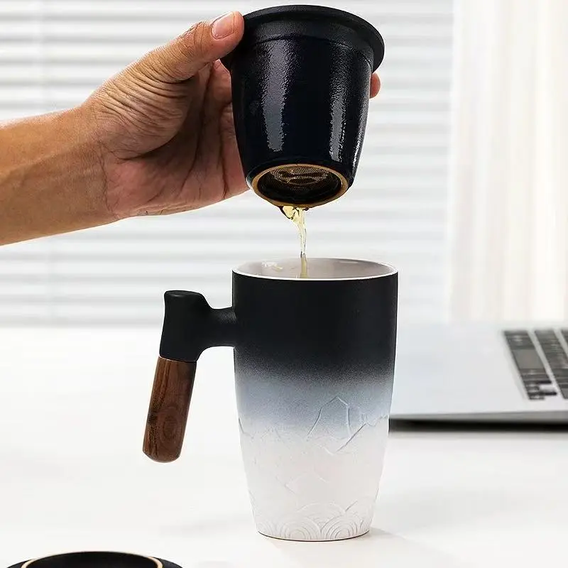 Elegant Ceramic Tea Mug with Built-in Stainless Steel Infuser Gradient Mountain Design Wooden Handle Drinkware Lid Stylish Home Office Use