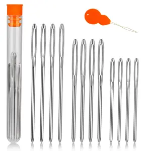 12 Pcs/3 Sizes Large-Eye Blunt Needles, Stainless Steel Yarn Needle with Needle Threader, Tapestry Needle for Sewing Crochet Knitting Embroidery (Silver)
