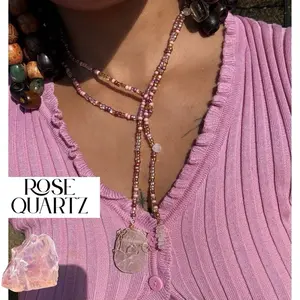 Rose Quartz Wrap Necklace Boho Beaded Versatile Necklace with Crystal Pendant for Self Love and Spiritual Healing
