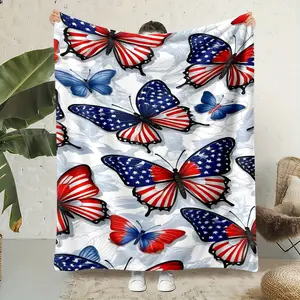 Soft Flannel Blanket, Patriotic USA Flag Butterfly Print Warm Cozy Nap Throw, Durable Home & Office Couch Blanket, Bedroom Decor Accessories, American Flag Room Decor