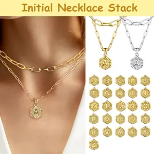 U7 Initial Two Chains Layered Necklace Set Dainty Paperclip Choker Chain Necklace Stack Hexagon A to Z Letter Pendant Alphabets Necklace Black Friday Christmas Gift for Women