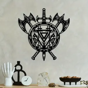 A Viking Vixene and Axe Artistic Metal Aesthetic Wall Decor Ornaments - Viking Shield with Rune Stone, Scandinavian Nordic Rune Art, Viking Theme Gift Designed for Viking Enthusiasts, Historical Home and Office Decoration (Vixene and Axe Style)