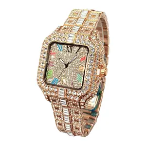 【For U Gifts】2026 NEW Blinged-Out Iced Square Watch - Men's & Women's Rose Gold Diamond-Embellished Quartz Wristwatch with Colorful Roman Numerals, Fashion Hip Hop Watches for Women, Diamond-Embellished Quartz Watches