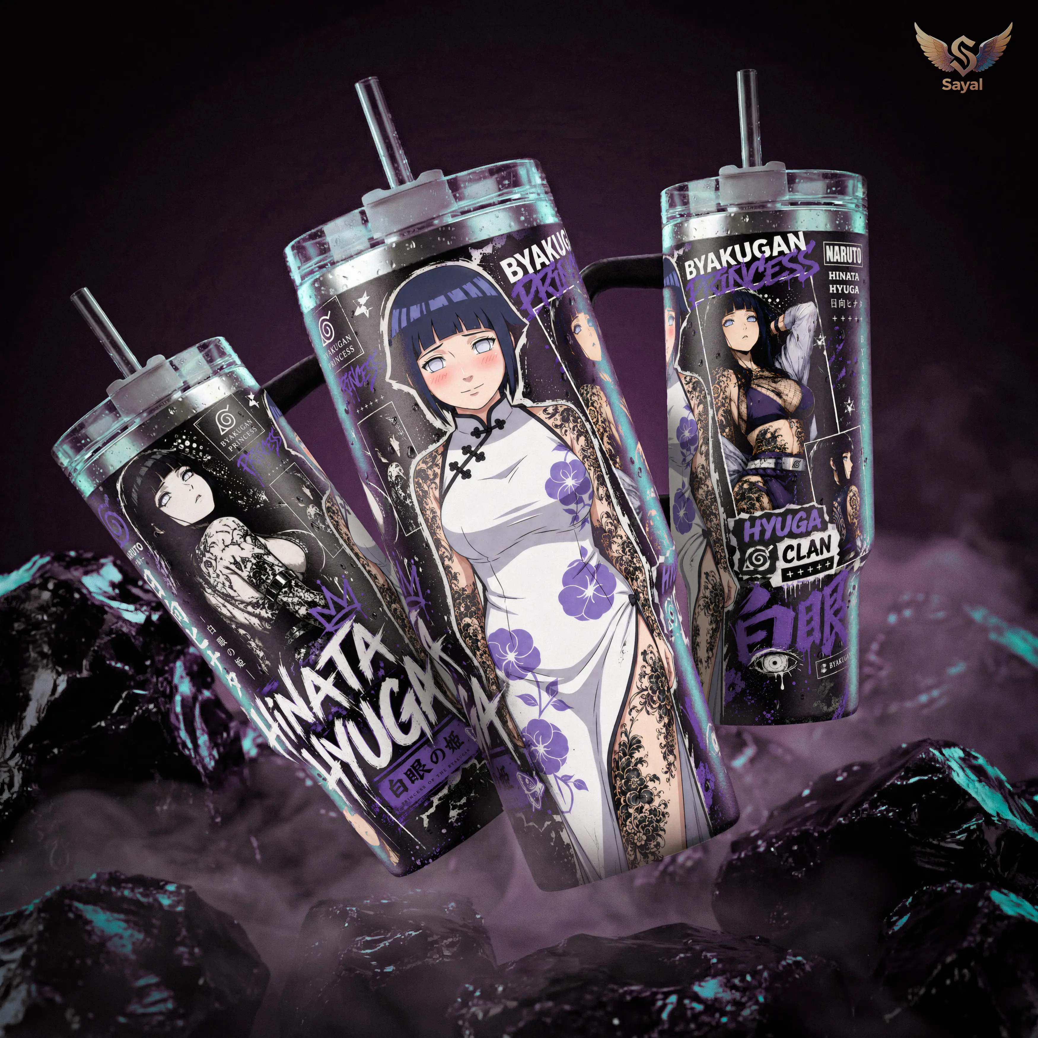 Hinata Hyuga Byakugan Princess Japan Yakuza Vibe 40oz Stainless Steel Insulated Tumbler with Handle, Straw, Leak-Proof Lid, Anime Theme Hyuga Clan Art, Keeps Drinks Hot-Cold, Purple Daily Use Anime Merch for Fans