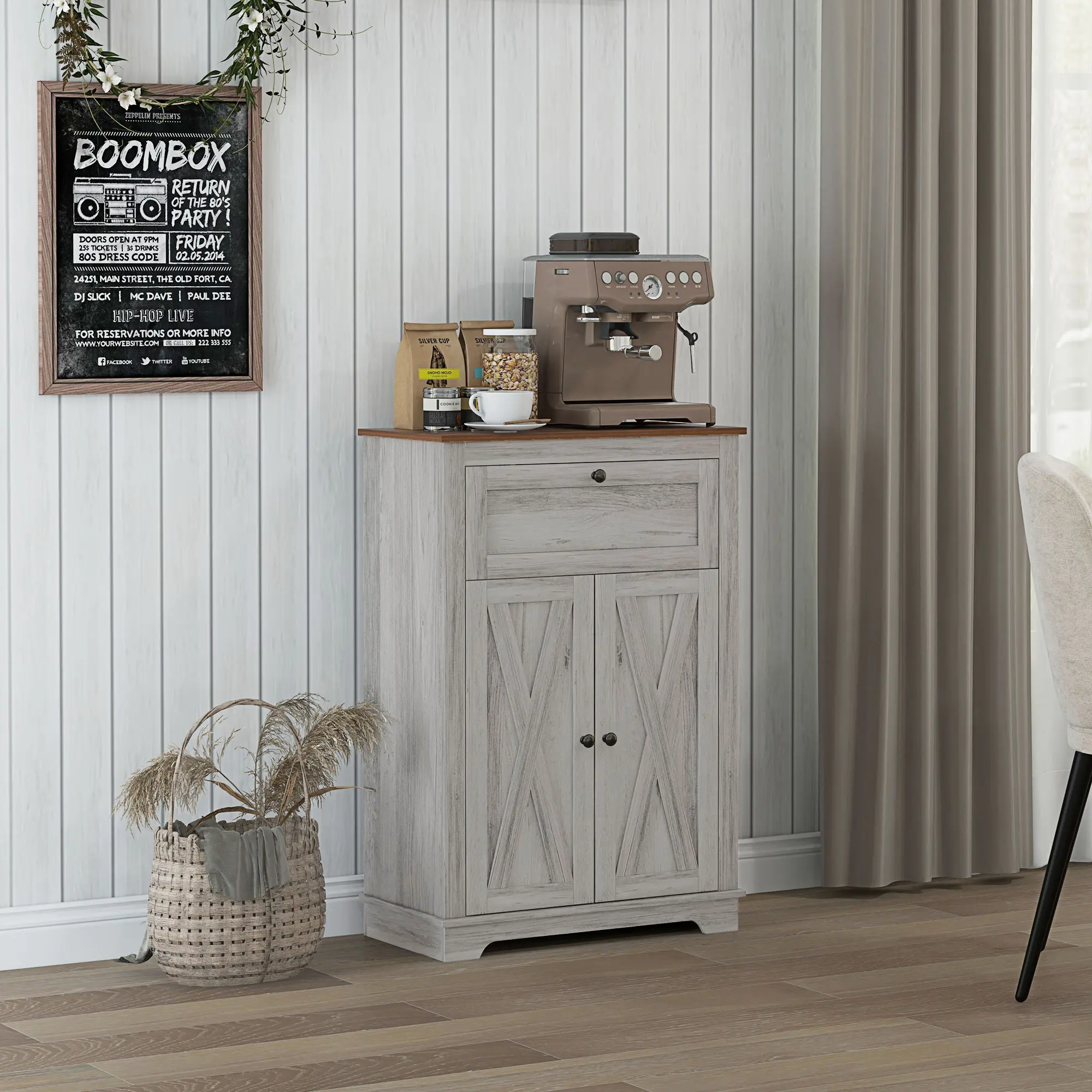 Farmhouse Sideboard Storage Cabinet Light Gray with Doors Drawer X Brace Vintage Handles for Kitchen Living Room Entryway 23 5 Inch Wide Adjustable Shelf Anti Tipping