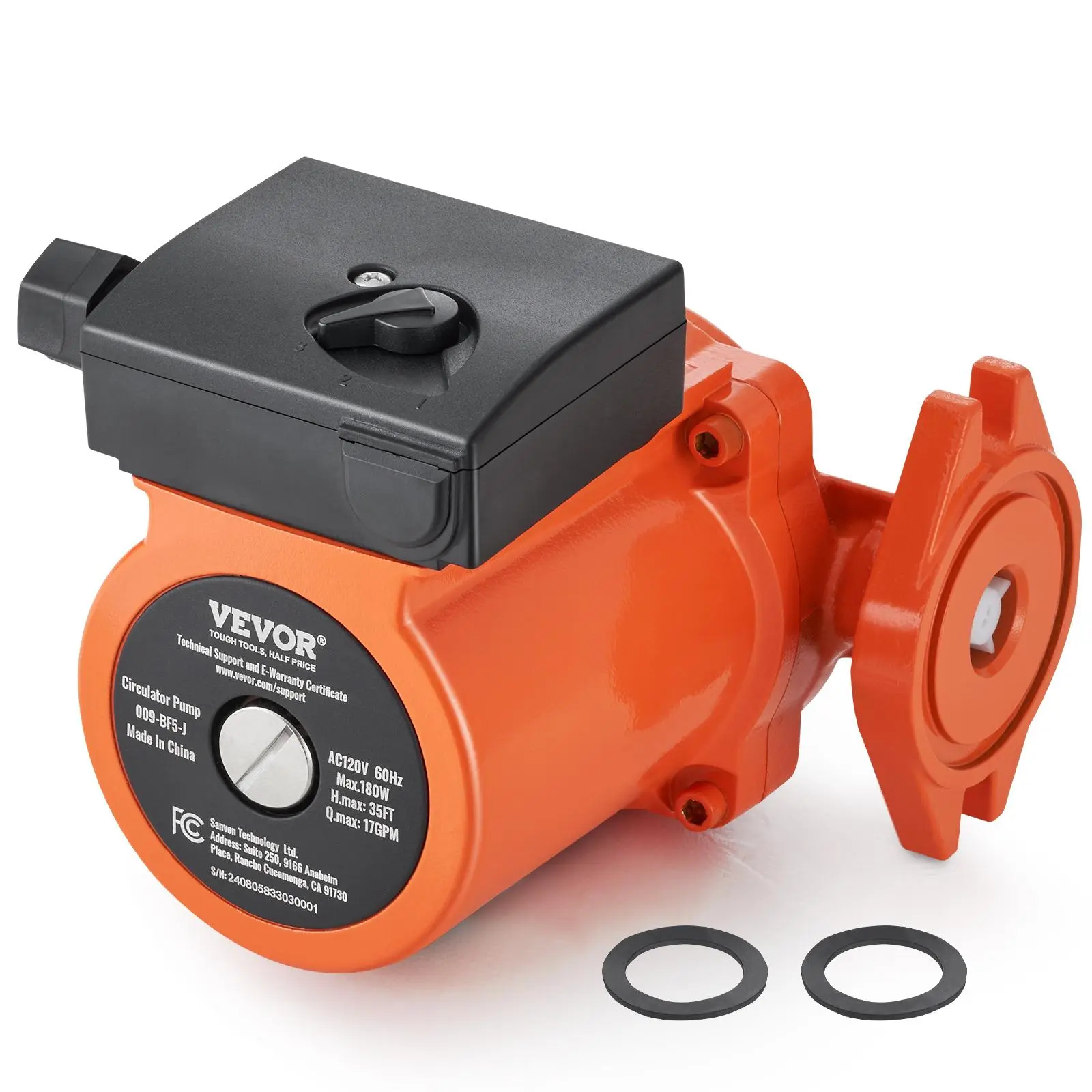 【Summerfinds】VEVOR 009-BF5-J Hot Water Recirculating Pump,110V180W 17 GPM Hot Water Circulation Pump3/4" NPT Flange 3-Speed Circulator PumpQuiet Operation Circulator Pump for Home Water Heater System