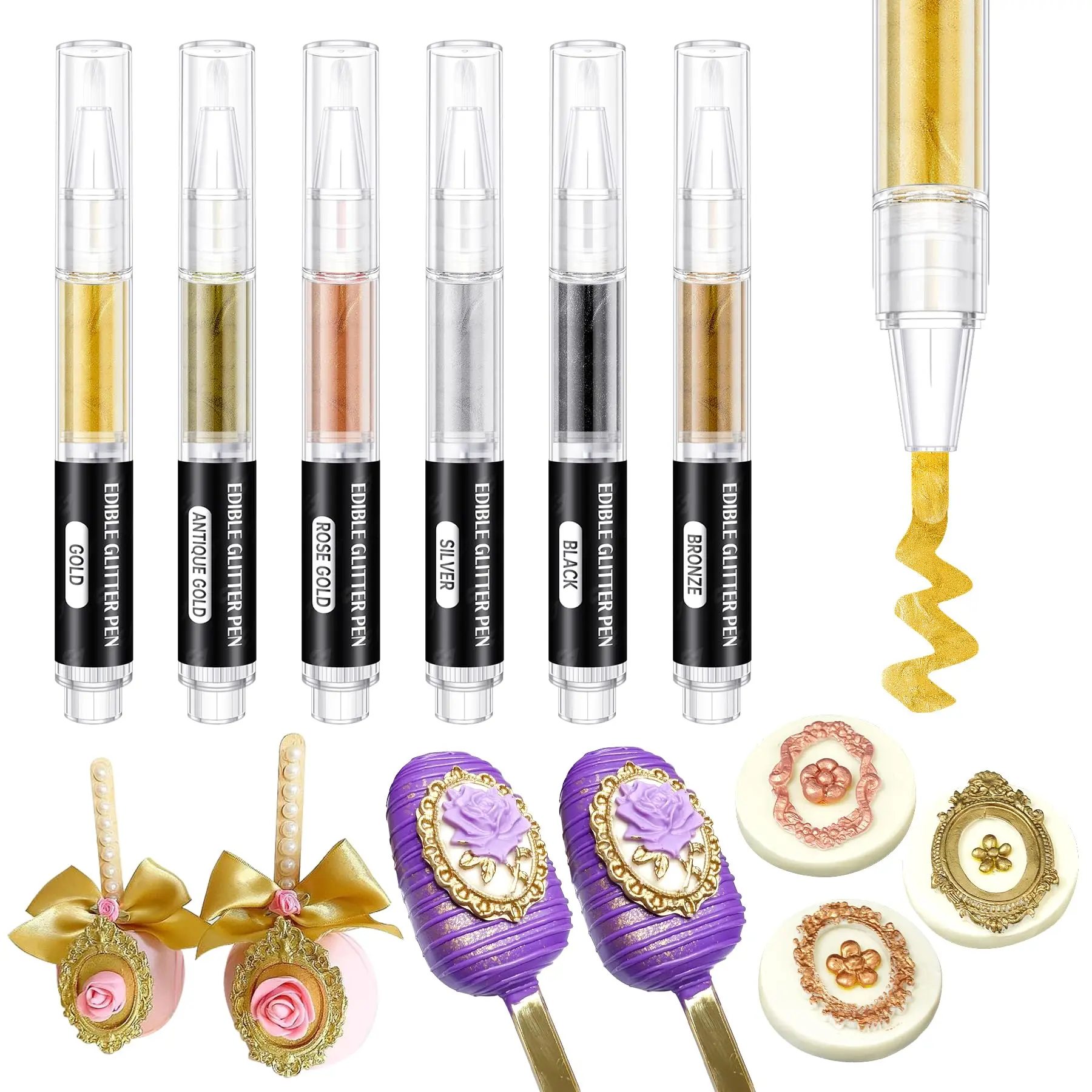 Edible Paint Pen 6 Colors Metallic Markers Food Coloring Shiny Glitter For Cookies Decorating Fondant Icing  3ml /