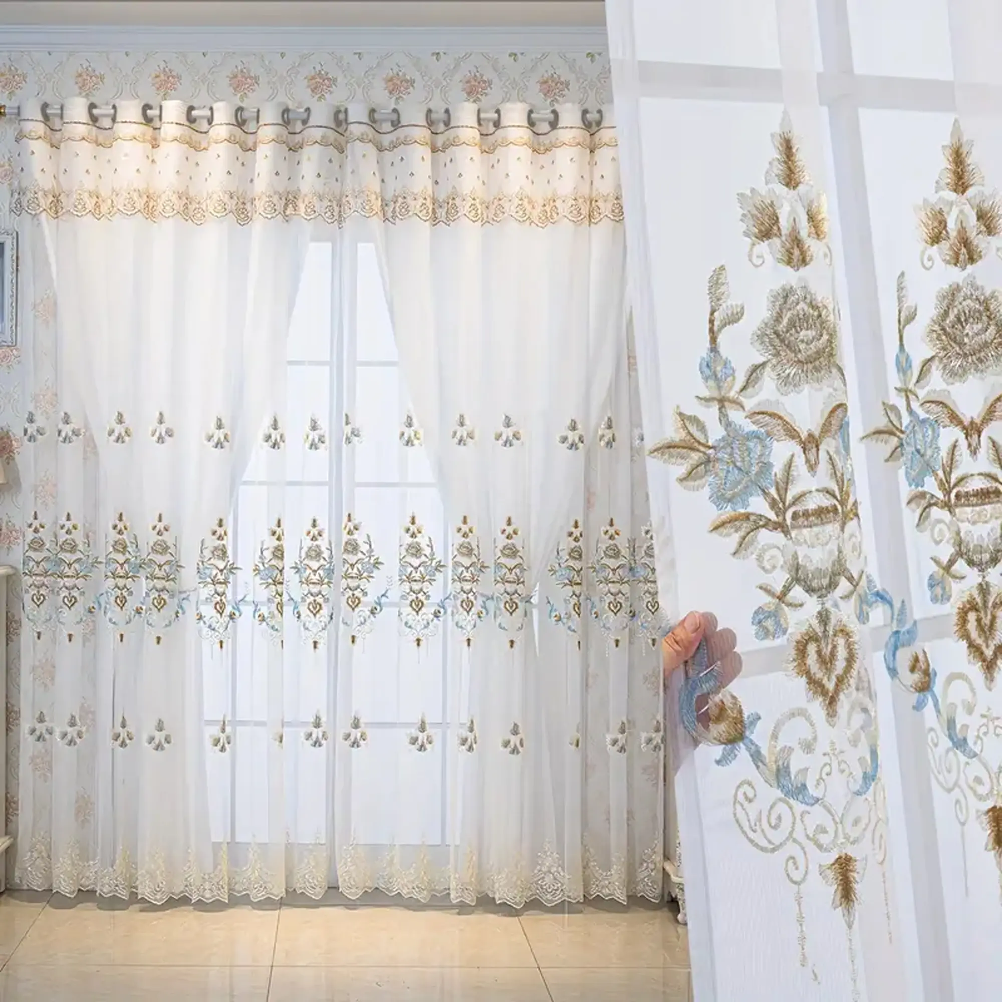 1pc Luxury Double Layer Embroidered Sheer Polyester Privacy Curtain with UV Protection, Circular Top Hanging for Bedroom Living Room Office, Soft Light Filtering and Privacy Home Decorative Curtain