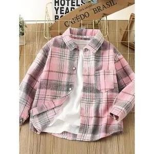 Girls' Vintage Plaid Shirt - Long Sleeve Button-Up Blouse with Red/White/Beige/Gray Checkered Pattern, Loose Fit Casual Jacket School, Everyday & Layered Outfits - Machine Washable (7-8 Years Old) -/Fall Clothing - Classic Retro Collared Cardig